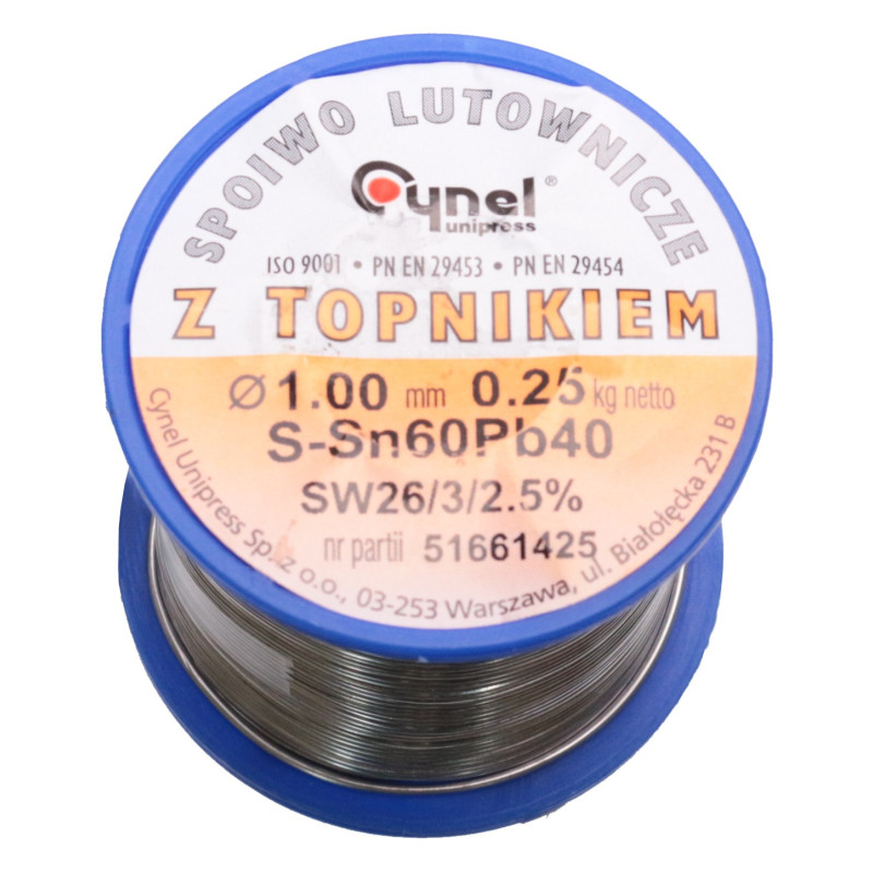 Cyna-spoiwo LC60 1.00/0.25 Sn60Pb40 1mm/0.25kg Cynel Cyna-spoiwo LC60 1.00/0.25 Sn60Pb40 1mm/0.25kg Cynel