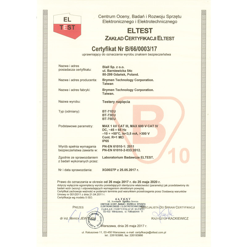 BT73EU LCD/LED Tester elektryka 1000V AC/DC, RCD,TKF,test ciągłości,EF