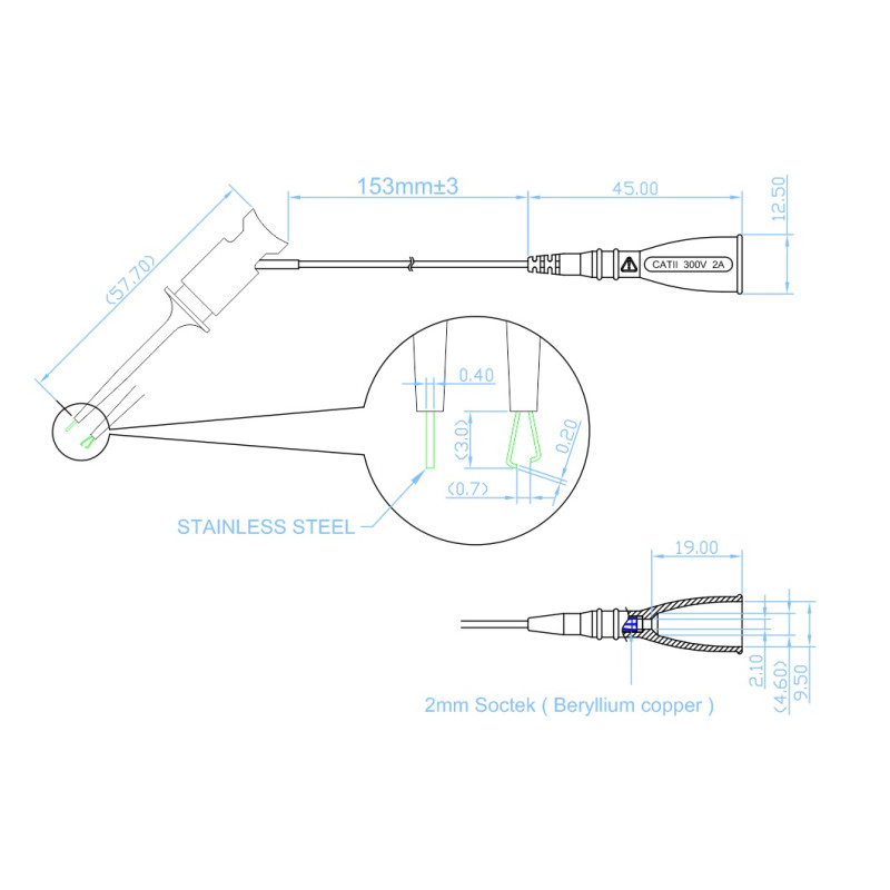 Chwytak bezp. pazurkowy CH1N-0014-R + przewód gn. 2mm CAT II 300V, 2A czerwony