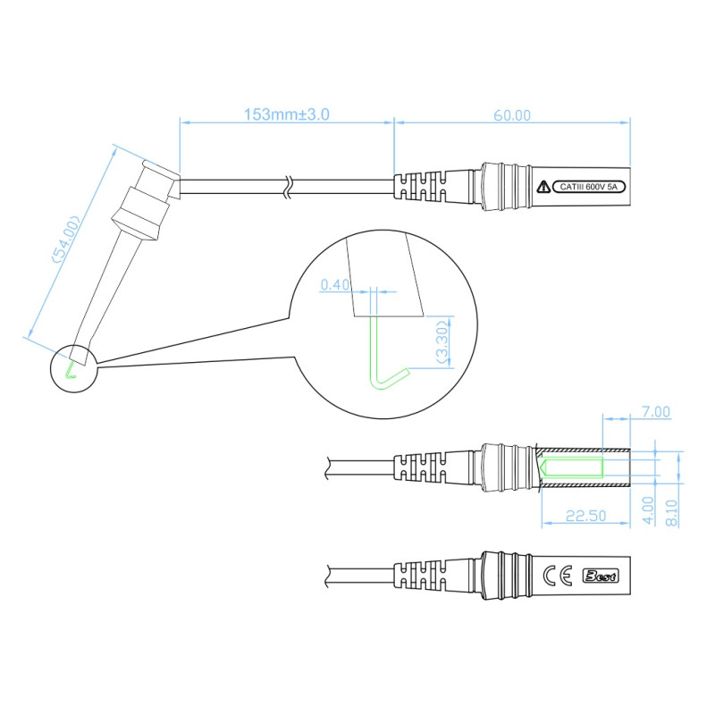 Chwytak bezp. haczyk. CH1N-0022-BK + przewód gn. 4mm CAT III 600V, 5A czarny