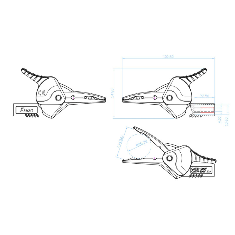 Krokodylek bezp. gn. 4mm KK1A-0032-R CAT IV 600V, 20A czerwony